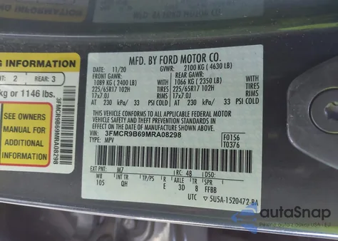 2021 Ford Bronco Sport Big Bend z USA, uszkodzony, nr VIN 3FMCR9B69MRA08298